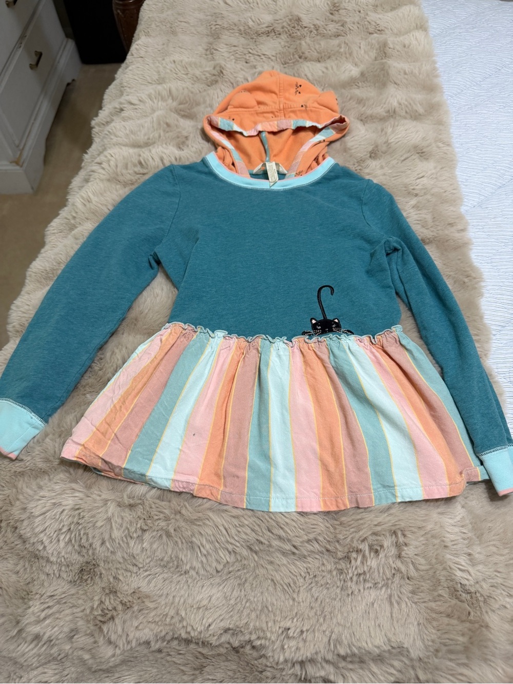 Matilda Jane Teal Hoodie Top with Pastel Stripe Skirt and Orange Hood